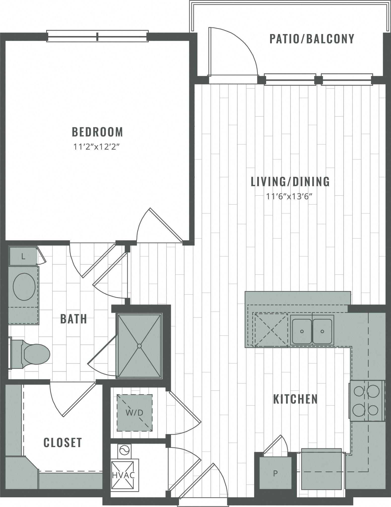 Floor plan for 1 bed, 1 bath, 660 sqft